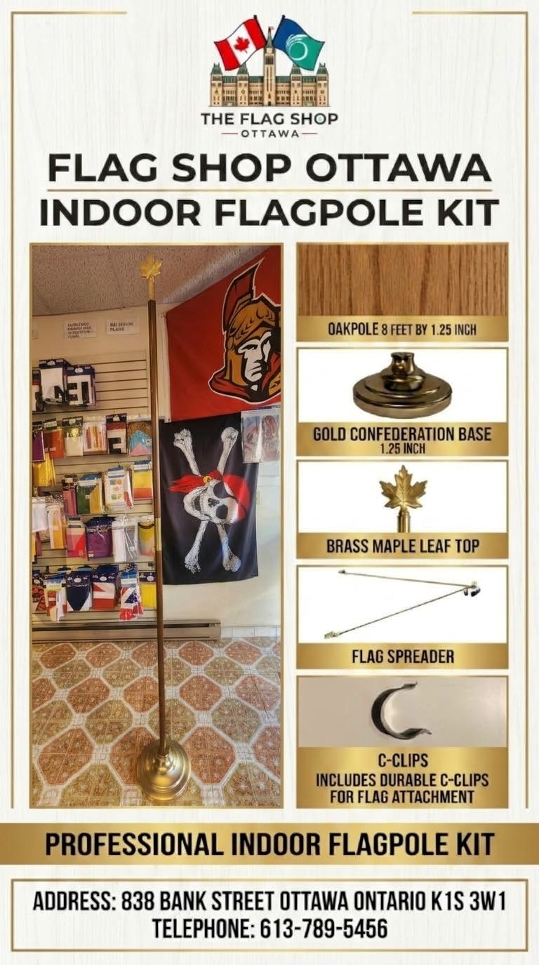 Flagpole Set 8'x1.25" Oak Stained Wood Pole, 2 pce. Brass Maple Leaf  confederation Metal Base Stand 1.25" diameter pole, Flag Spreaders, C-clips,&nbsp;