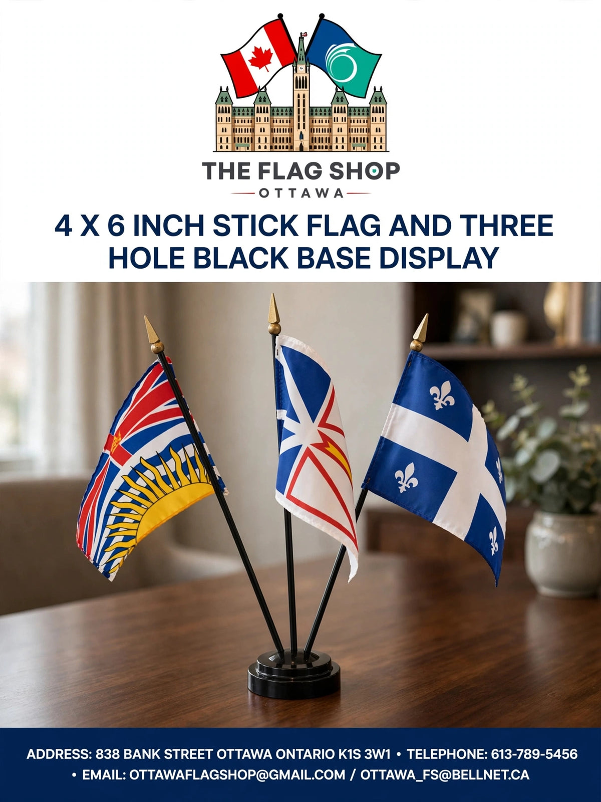 3 hole black plastic base with 3 4x6 inch flags